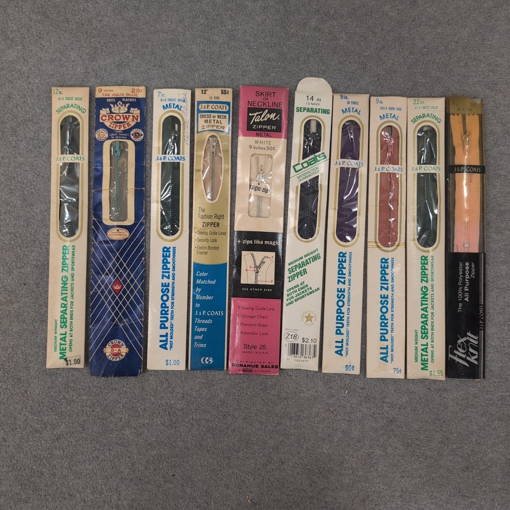 Vintage Zipper Lot 10pc J&P Coats Talon Crown Metal Separating All Purpose Mixed - Picture 1 of 1